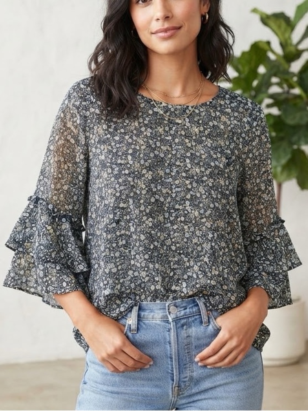 LC Lauren Conrad Black, Blue, White Floral Ruffle Sleeve Blouse